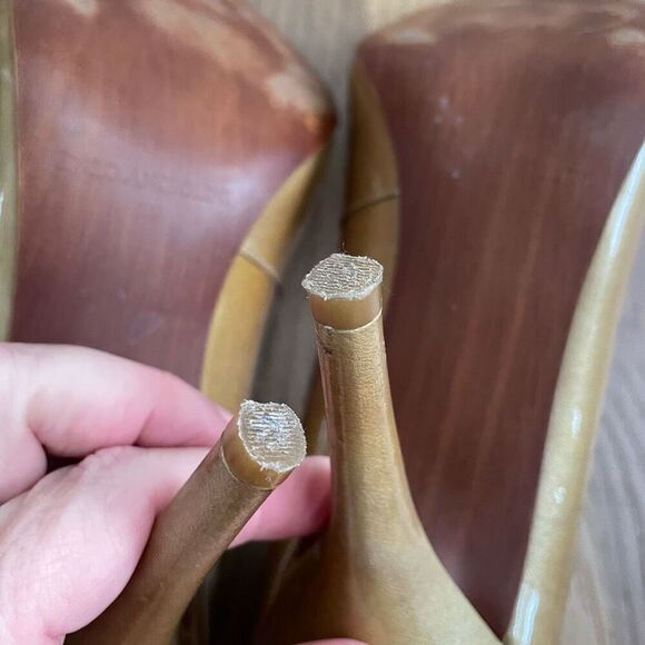 Enzo Angiolini Eamistle Natural Nude Champagne Patent Leather Peep Toe Heels Bow - Picture 9 of 11